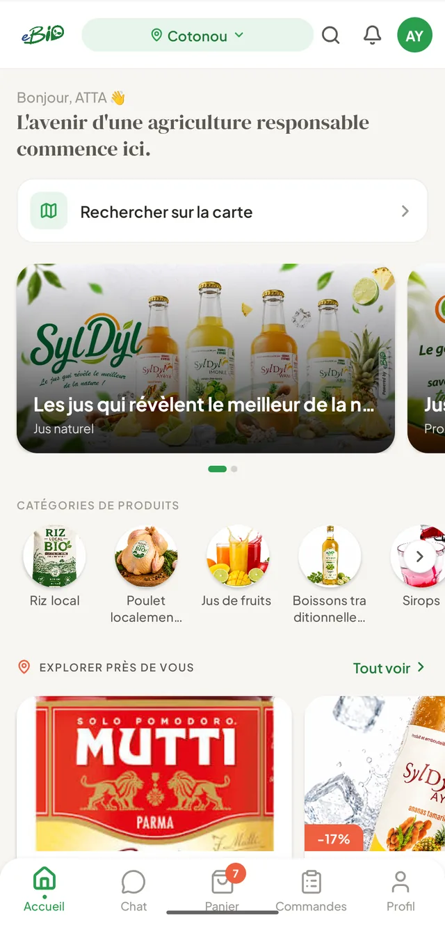 Écran d’accueil de l’app eBio : position Cotonou, catégories de produits et promotions du moment