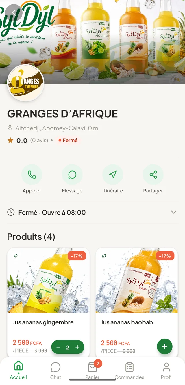 La fiche de la boutique Granges d’Afrique : contact, horaires, itinéraire et jus en promotion en FCFA