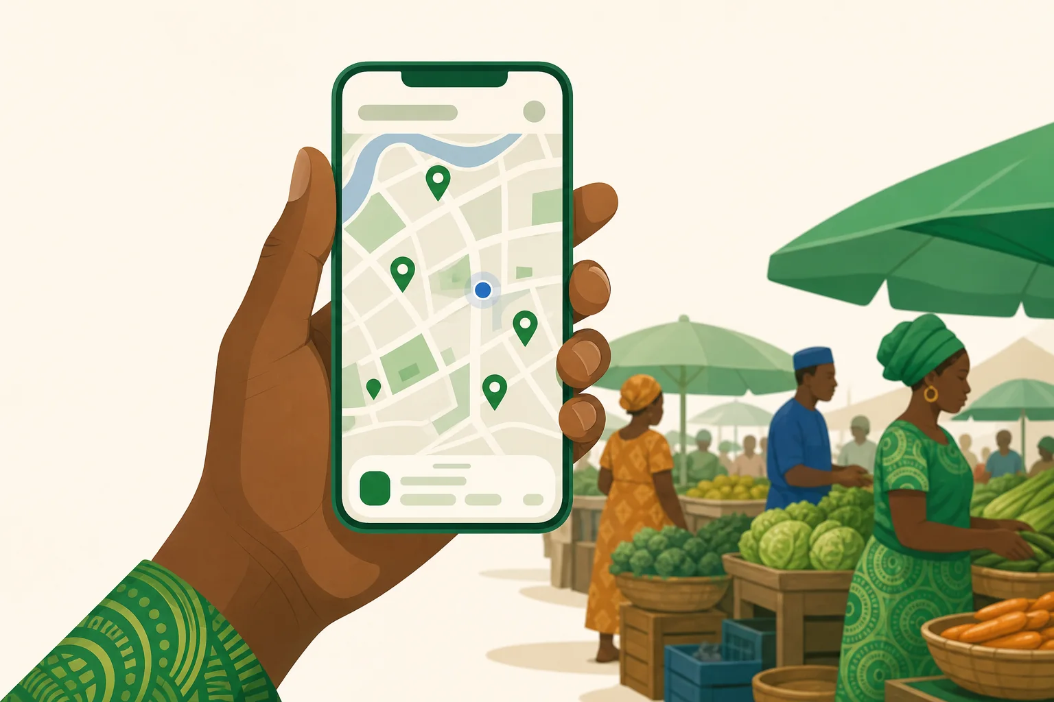 Une main tient un téléphone affichant la carte des boutiques bio du quartier, un marché en arrière-plan