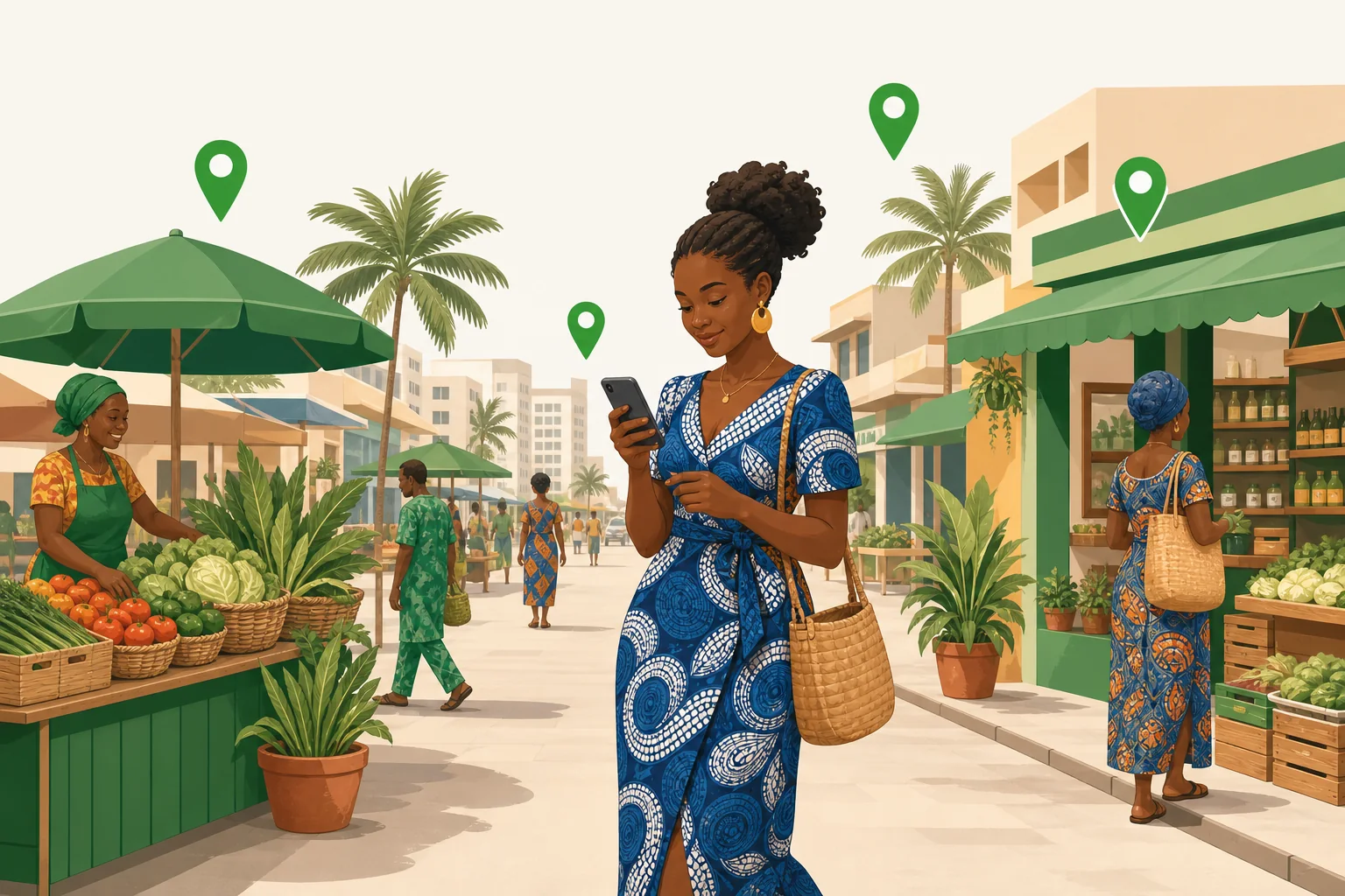 Une acheteuse consulte son téléphone dans une rue de marché de Cotonou, des boutiques bio épinglées autour d’elle