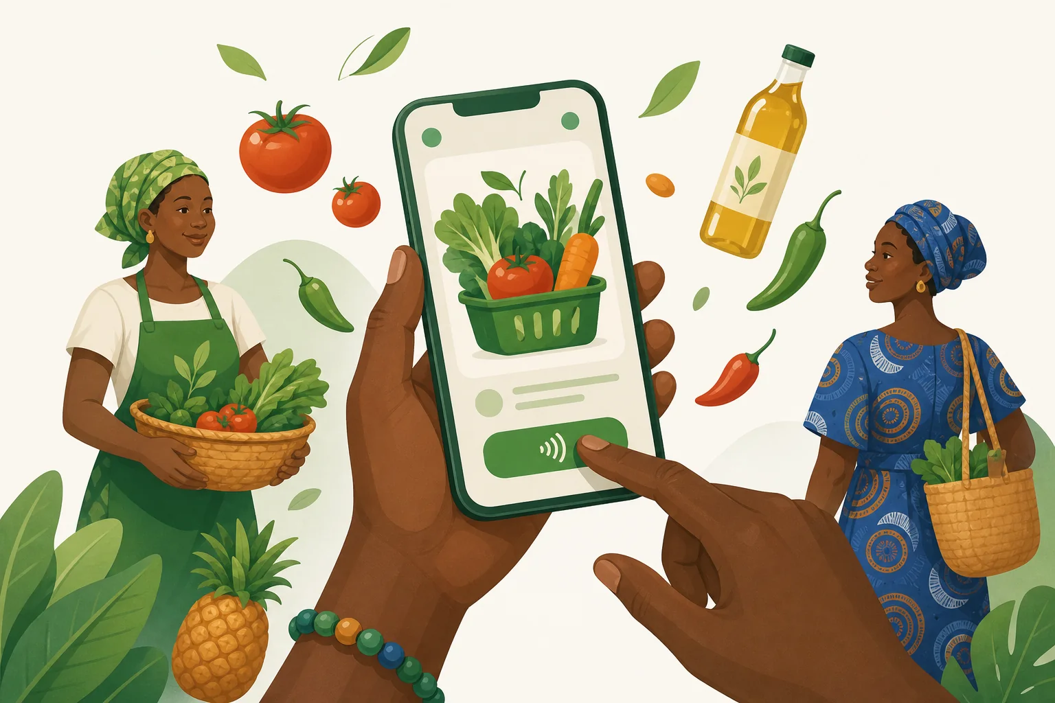 Un panier de produits bio se remplit dans l’app, paiement Mobile Money à l’écran